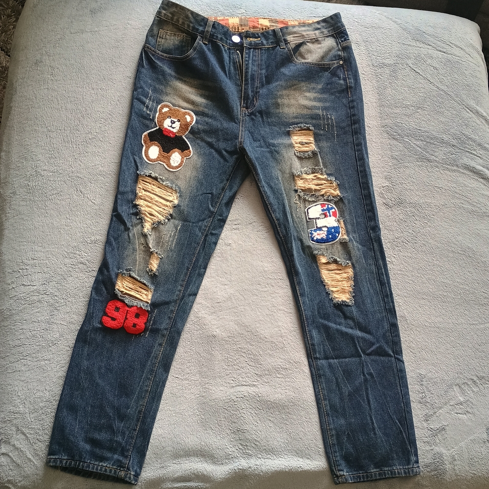 Trendy Men's Blue Jeans with Patches